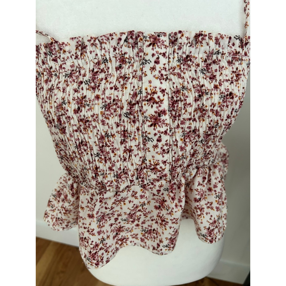 Women's Paper Crane Cream Burgundy Floral Smocked Peplum Crop Top M - Picture 3 of 7